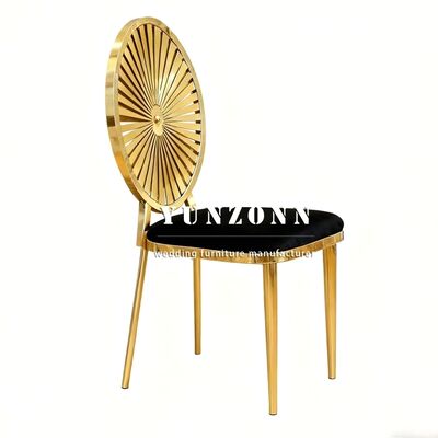 গুণ গোল্ডেন বিয়ের চেয়ার হোটেল বিয়ের জন্য স্ট্যাকযোগ্য ডাইনিং চেয়ার বিবাহের আসবাবপত্র স্টেইনলেস স্টীল ফ্রেম চেয়ার কারখানা