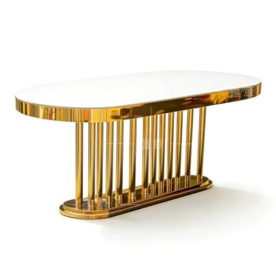 ভালো দাম বিবাহের আসবাবপত্র পাইকারি গোল্ড ওভাল স্টেইনলেস স্টিল ফ্রেম হোয়াইট মিরর গ্লাস টপ লং টেবিল ডাইনিং হোটেল টেবিল বিবাহের জন্য অনলাইন