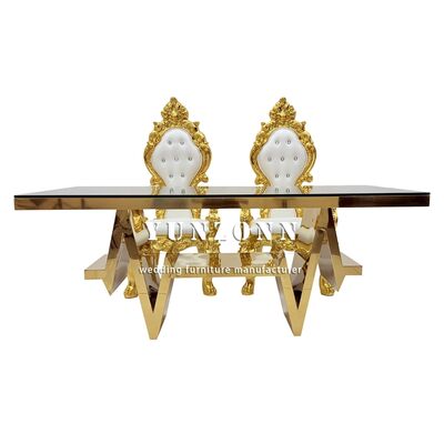 ভালো দাম পাইকারি Weeding আসবাবপত্র টেবিল আধুনিক বিলাসিতা স্বর্ণ স্টেইনলেস স্টীল গ্লাস ডাইনিং টেবিল 6 চেয়ার সেট অনলাইন
