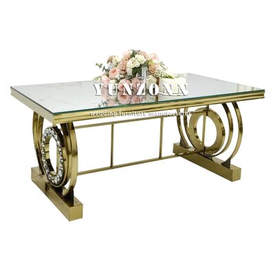 ভালো দাম বিবাহ, হোটেল, ইভেন্টের জন্য ক্রিস্টাল ডেকোরেশন সহ ব্যানকুয়েট টেবিল স্টেইনলেস স্টিল ফ্রেম মিরর গ্লাস ডেস্কটপ টেবিল হোটেল আসবাবপত্র অনলাইন