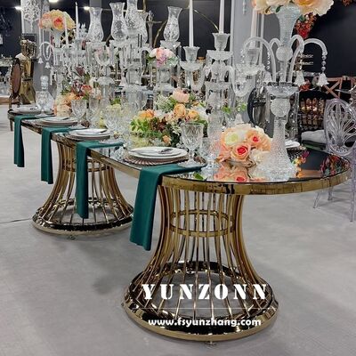 ভালো দাম বিলাসবহুল গোল্ড স্টেইনলেস স্টীল বিবাহের টেবিল গ্লাস ডাইনিং টেবিল হোটেল ব্যবহারের জন্য মার্জিত ঘটনা আসবাবপত্র অনলাইন