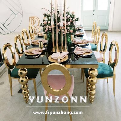 ভালো দাম আধুনিক বিলাসিতা আয়তক্ষেত্রাকার বিবাহ এবং স্টেইনলেস স্টীল বলের সাথে ডাইনিং টেবিল হোটেল এবং হলের জন্য পা অনলাইন