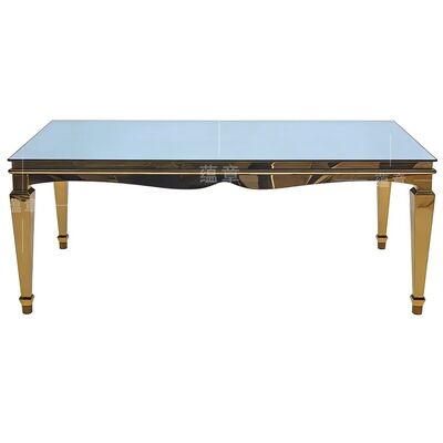 ভালো দাম টেম্পারড গ্লাস টপ সহ আধুনিক গোল্ড স্টেইনলেস স্টিল রেক্ট্যাঙ্গেল মিয়া ব্যাঙ্কোয়েট ডাইনিং টেবিল হোটেল ইভেন্টের জন্য টেকসই অনলাইন