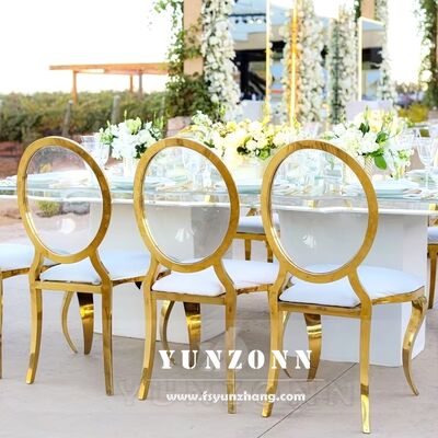 ভালো দাম হোটেলের ডাইনিং রুমের জন্য আধুনিক বিলাসবহুল গোল্ড অ্যাক্রিলিক স্বচ্ছ গোলাকার ব্যাক ও-আকৃতির চামড়ার চেয়ার অনলাইন