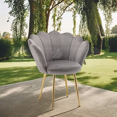 ভালো দাম নর্ডিক ডিজাইনার গ্রে ভেলভেট ডাইনিং চেয়ার শেল শেপ ব্যাক গোল্ড লেগ পৃথক আর্মচেয়ার লিভিং রুম হোটেল জিম-আলুপাখি ধাতু অনলাইন