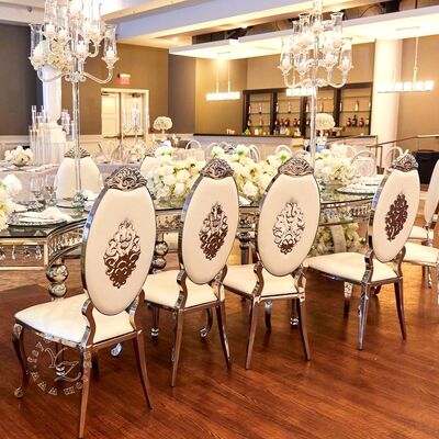 ভালো দাম ডাইনিং হল হোটেল এবং বিবাহের জন্য চামড়া সঙ্গে আধুনিক গোল্ড স্টেইনলেস স্টীল ওভাল ব্যাক চেয়ার অ্যাপার্টমেন্টের জন্য সমসাময়িক শৈলী অনলাইন